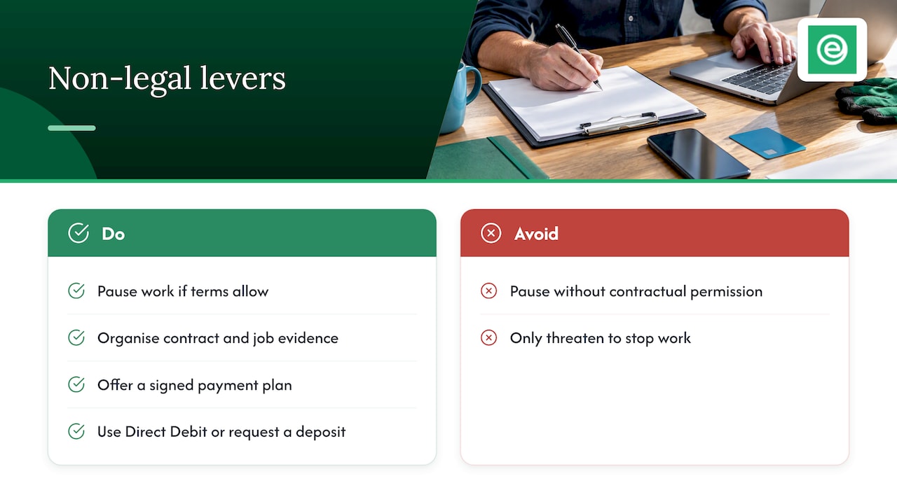eAccounts | How to Chase Late-Paying Customers: A UK Step-by-Step Guide Non-legal levers that work — overview diagram